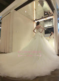 Newest Lace-Appliques Tulle Beads Long-Train Off-the-shoulder Wedding Dress