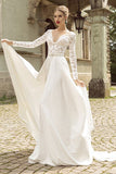 Noble Lace Long Sleeves Bridal Dress Deep V Neck Chiffon Vintage Wedding Dress