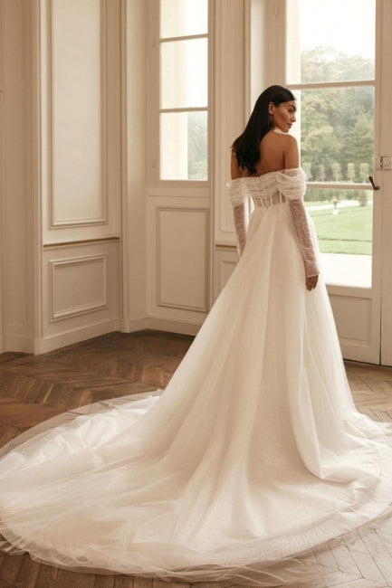 Noble Long Sleevess Long Off-the-Shoulder Bridal Dress Sequins