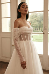 Noble Long Sleevess Long Off-the-Shoulder Bridal Dress Sequins