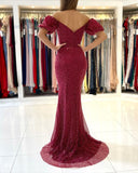Noble Off The Shoulder Front-Split Ruby Sequins Mermaid Prom Dresses