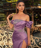 Noble Off The Shoulder Ruffles Purple Split Mermaid Evening Dresses
