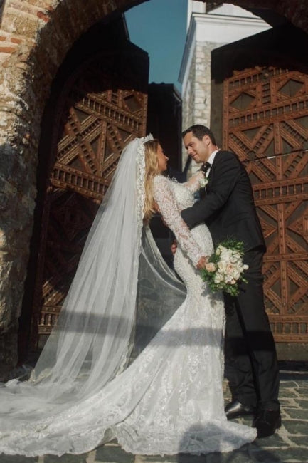 Noble vneck longsleeves mermaid lace Bridal Gowns