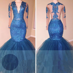 Ocean Blue Lace Appliques Mermaid Prom Dress V-neck Long Sleeve Sheer Evening Gowns BA6083