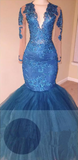 Ocean Blue Lace Appliques Mermaid Prom Dress V-neck Long Sleeve Sheer Evening Gowns BA6083