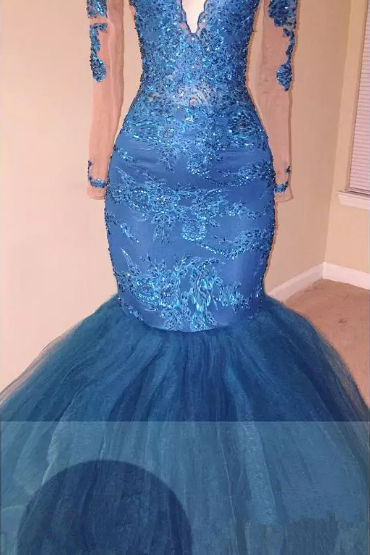 Ocean Blue Lace Appliques Mermaid Prom Dress V-neck Long Sleeve Sheer Evening Gowns BA6083