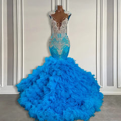 Ocean Blue Mermaid Tulle Ruffle Formal Dresses Long With Beadings