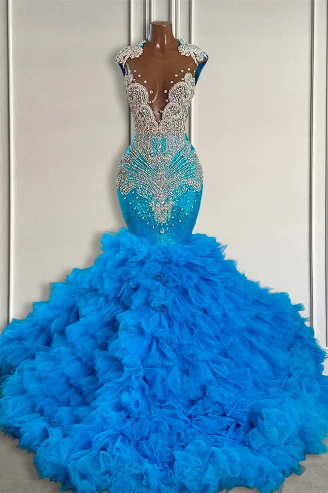 Ocean Blue Mermaid Tulle Ruffle Formal Dresses Long With Beadings
