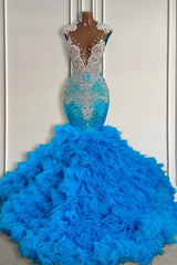 Ocean Blue Mermaid Tulle Ruffle Formal Dresses Long With Beadings
