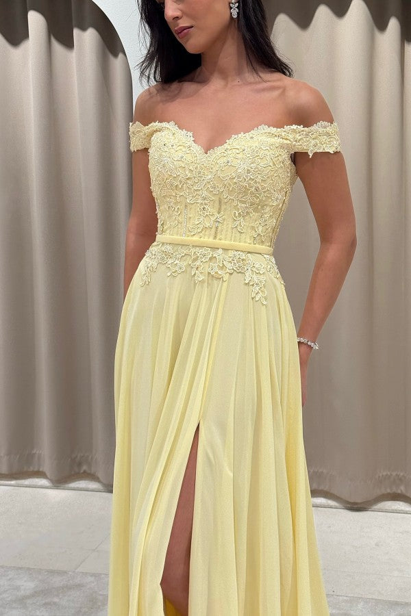 Off Shoulder Chiffon A Line Prom Dress with Lace Bodice and Side Slit