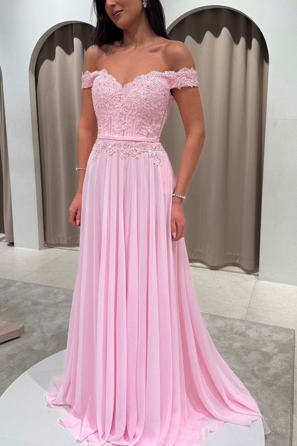 Off Shoulder Chiffon A Line Prom Dress with Lace Bodice and Side Slit