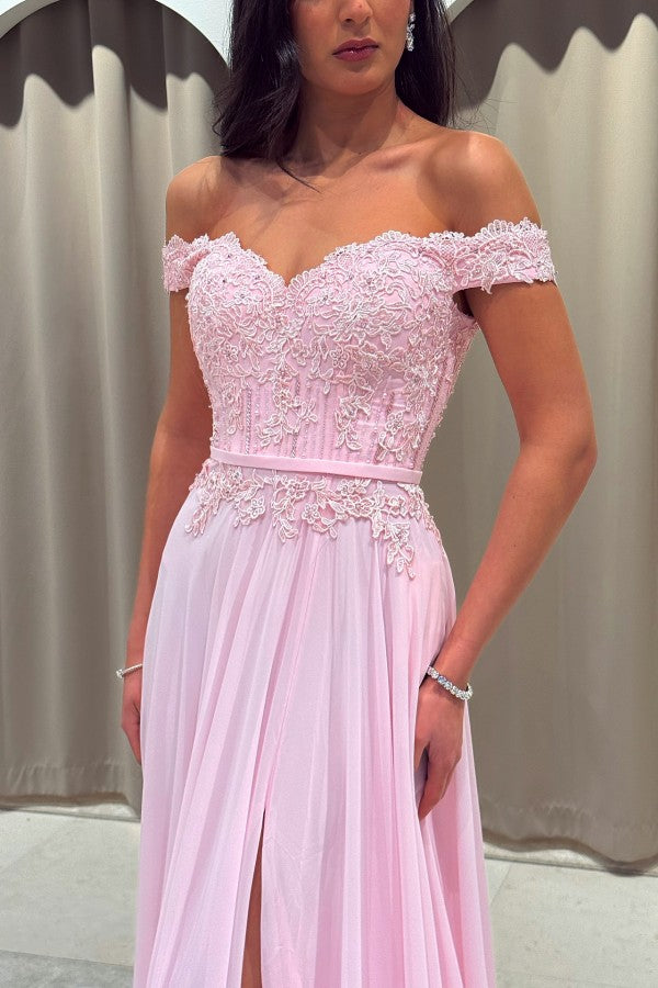 Off Shoulder Chiffon A Line Prom Dress with Lace Bodice and Side Slit