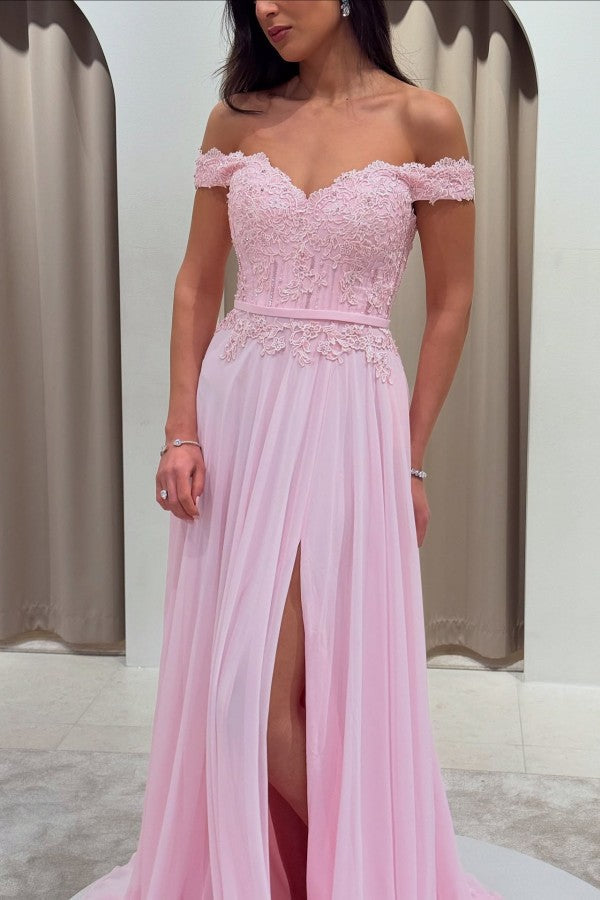 Off Shoulder Chiffon A Line Prom Dress with Lace Bodice and Side Slit