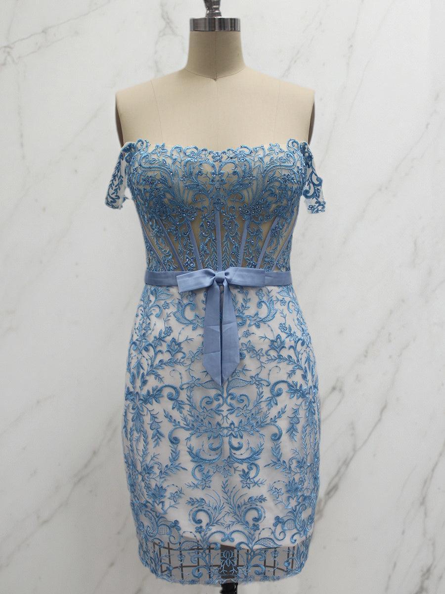 Off-Shoulder Lace Bodycon Homecoming Dress with Bow