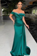 Off Shoulder Satin Mermaid Prom Dress with Crystal Trim and Draped Panel