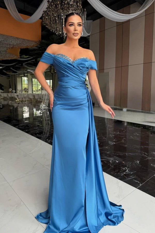 Off Shoulder Satin Mermaid Prom Dress with Crystal Trim and Draped Panel