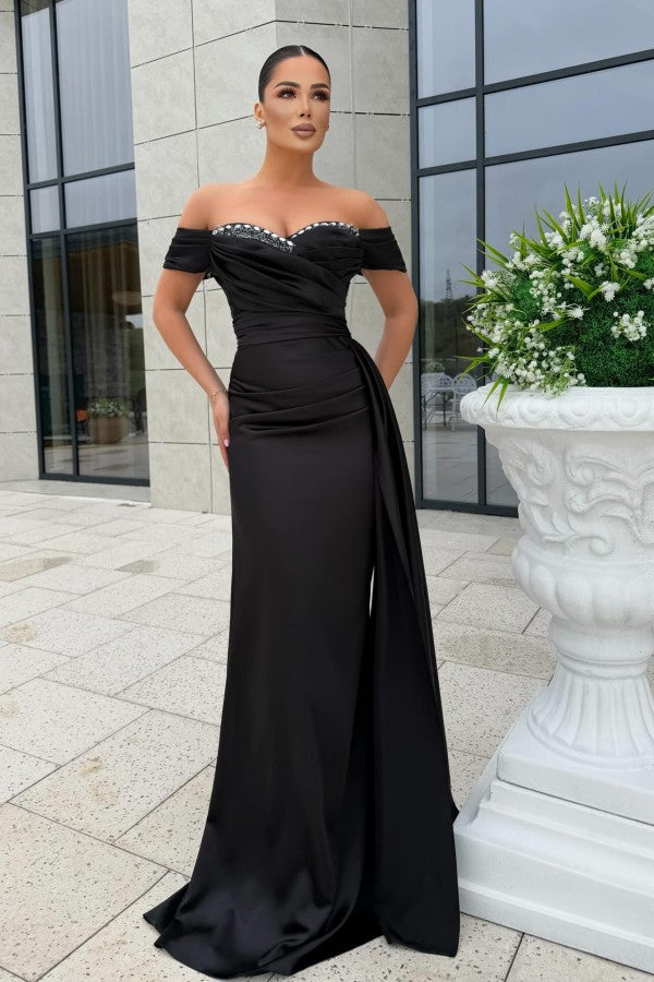 Off Shoulder Satin Mermaid Prom Dress with Crystal Trim and Draped Panel