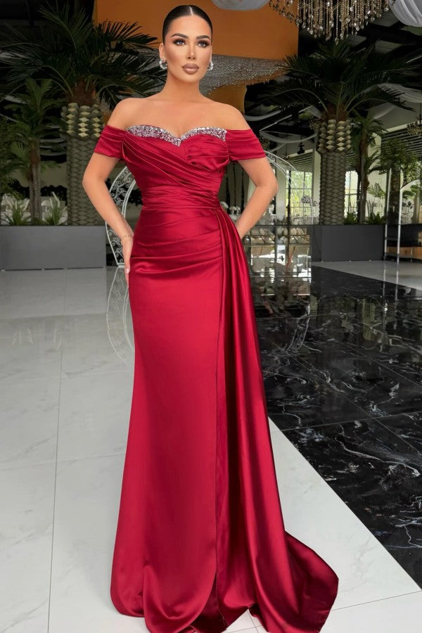Off Shoulder Satin Mermaid Prom Dress with Crystal Trim and Draped Panel