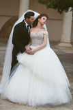 Off Shoulder Tulle Beadings Floor Length Wedding Dress New Arrival Lcae-Up Ball Gown Bridal Gowns
