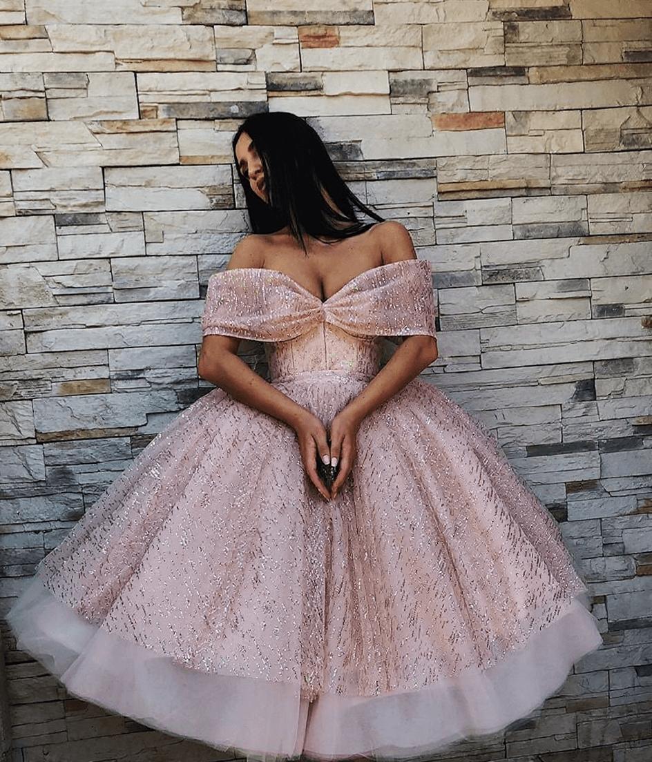 open lace back dress Fuchsia Two-Piece Puff Sleeve Ruffle Glitter Prom Dress with Slit main image 1