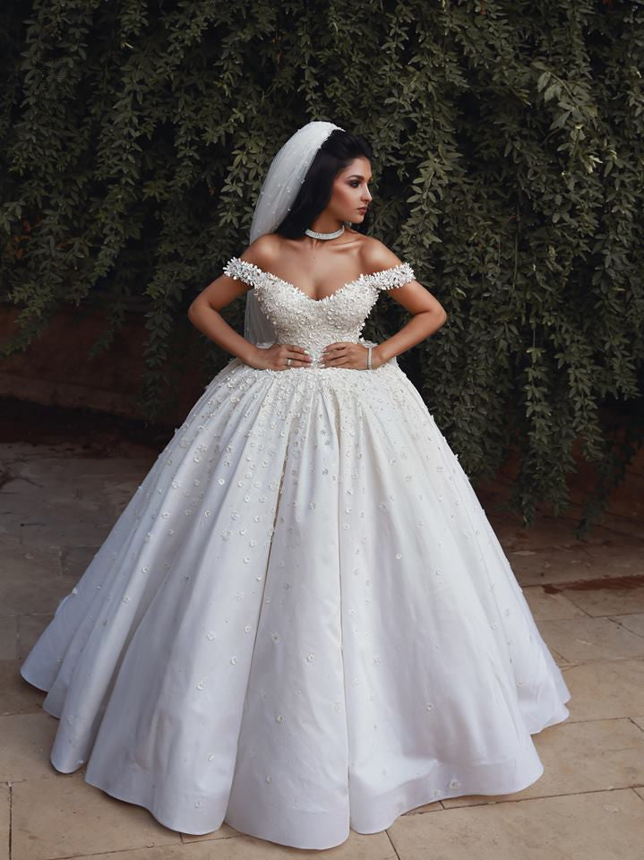 shoulder beads for wedding dress Elizabeth K Satin Off Shoulder Bridal Gown GLS GL3655 Formal Dress Shops Off White / 2XL