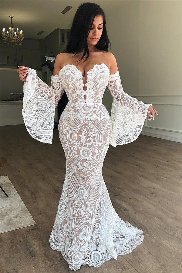 Off The Shoulder Bell Sleeves Lace Evening Dress | Strapless Sexy Prom Dresses Online