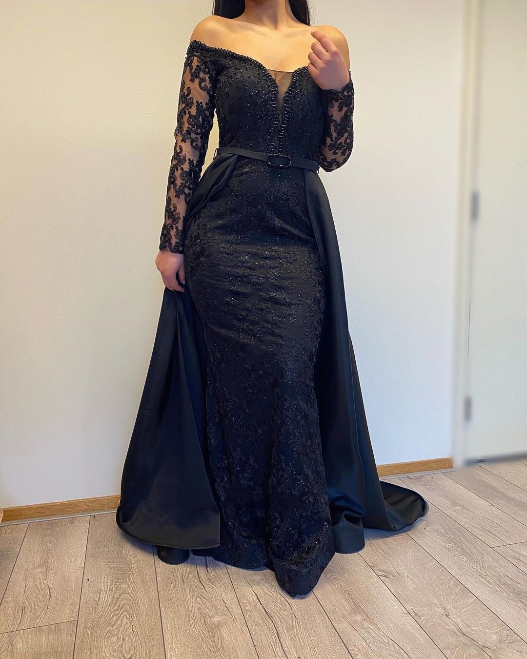 Off The Shoulder Black Long Sleeves Lace A-Line Prom Dresses