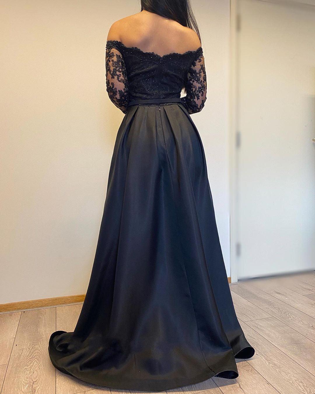 Off The Shoulder Black Long Sleeves Lace A-Line Prom Dresses
