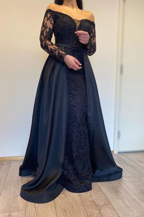 Off The Shoulder Black Long Sleeves Lace A-Line Prom Dresses