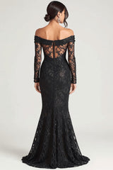 Off The Shoulder Black Wedding Guest Dress Sheath Formal Dress With Lace Long Sleeves