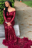 Off The Shoulder Burgundy Prom Dresses with Feather | Long Sleeve Sparkle Lace Mermaid Evening Gowns