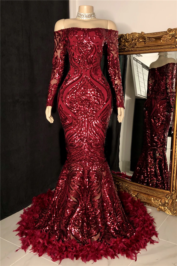 Off The Shoulder Burgundy Prom Dresses with Feather | Long Sleeve Sparkle Lace Mermaid Evening Gowns