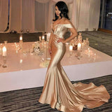Off The Shoulder Champagne Gold Sexy Prom Dresses Mermaid Lates Popular Evening Gown FB0183