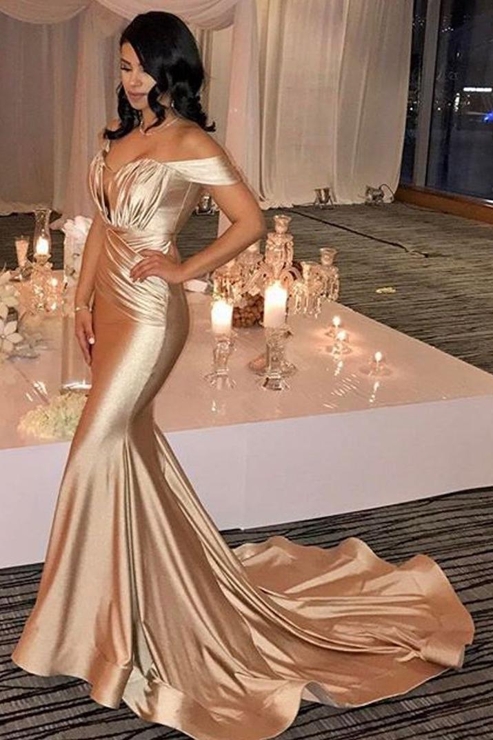 Off The Shoulder Champagne Gold Sexy Prom Dresses Mermaid Lates Popular Evening Gown FB0183