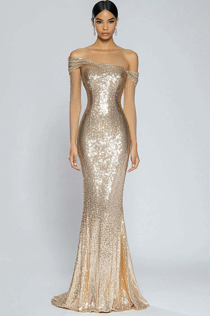 Suzhoufashion Off The Shoulder Champagne Wedding Guest Dress Mermaid Off The Shoulder Long Formal Dress Suzhoufashion Off The Shoulder Champagne Wedding Guest Dress Mermaid Off The Shoulder Long Formal Dress
