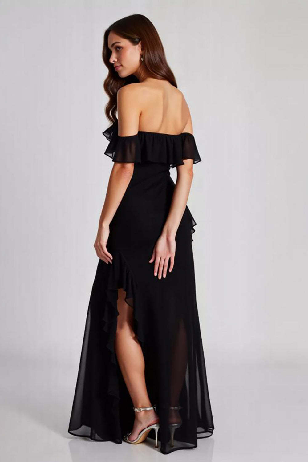 Suzhoufashion Off The Shoulder Chiffon Black Wedding Guest Dress Formal Dress With Slit