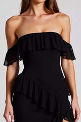 Off The Shoulder Chiffon Black Wedding Guest Dress Formal Dress With Slit