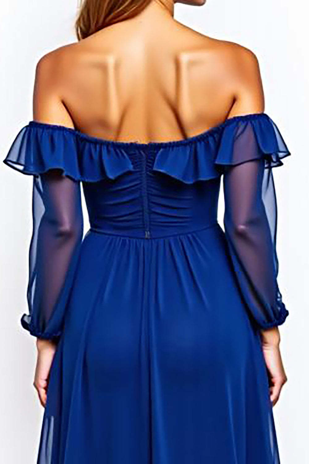 Off The Shoulder Chiffon Royal Blue Wedding Guest Dress Knee-Length Formal Dress