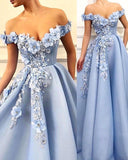 Off-The-Shoulder Flower Appliques Prom Gown | Elegant Sleeveless A-Line Prom Dress