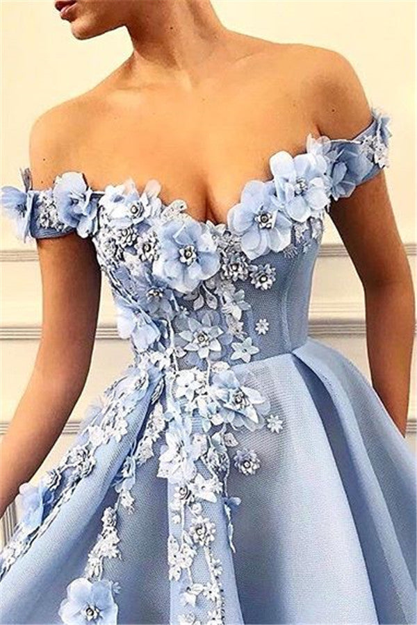 Off-The-Shoulder Flower Appliques Prom Gown | Elegant Sleeveless A-Line Prom Dress