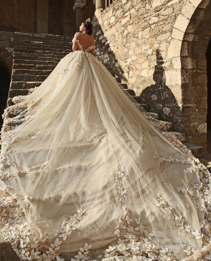 Off The Shoulder Flowers Gorgeous Wedding Dress Puffy Tulle Beaded Crystals Ball Gown Princess Bride Dress | Suzhoufashion Off The Shoulder Flowers Gorgeous Wedding Dress Puffy Tulle Beaded Crystals Ball Gown Princess Bride Dress | Suzhoufashion