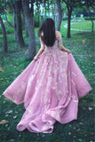 Off The Shoulder Lace Appliques Evening Dresses | Pink Beads Sequins Prom Dresses