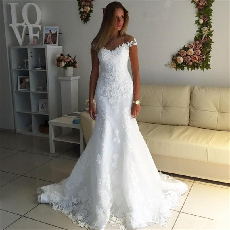 Off The Shoulder Lace Appliques Wedding Dress Discount Bridal Gowns