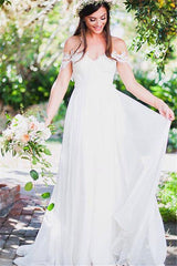 Off The Shoulder Lace Sweetheart Beach Beach Wedding Dress Chiffon Summer Outdoor Bridal Gowns BA3769