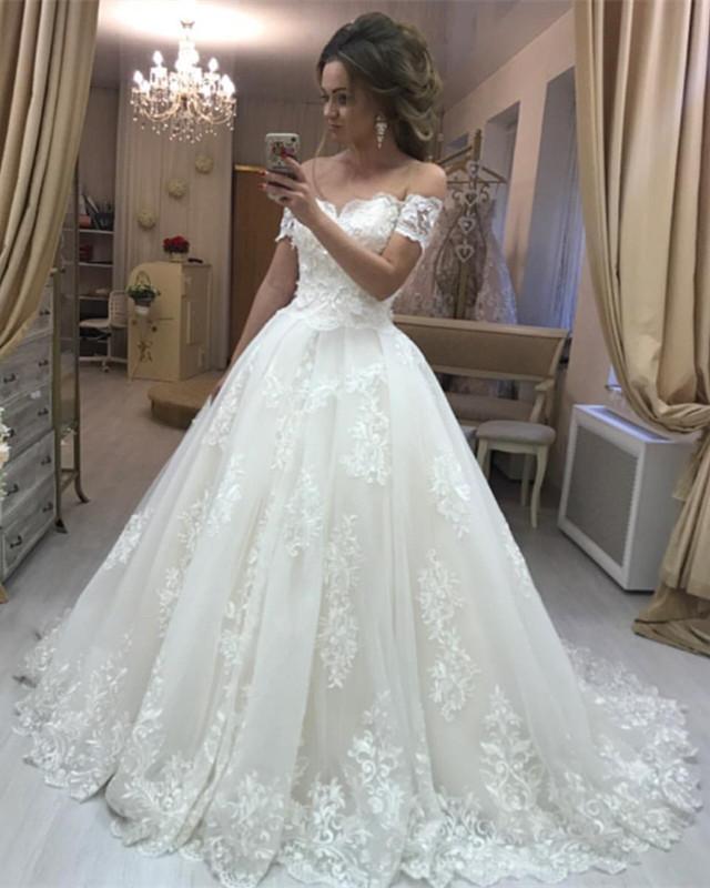 Off The Shoulder Lace Wedding Dresses Online Puffy Tulle Sexy Bride Dress