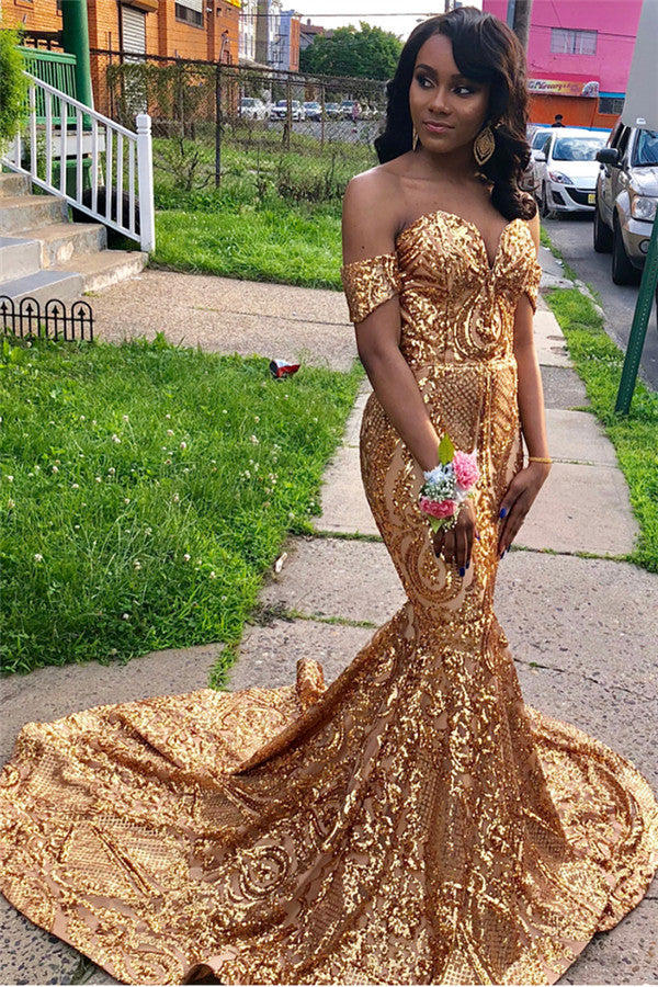 Off The Shoulder Mermaid Lace Gold Prom Dresses | Sexy Court Train Evening Gowns bc1691