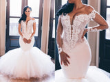 Off The Shoulder Mermaid Wedding Dresses | Lace Appliques Elegant Long Sleeve Bridal Gowns