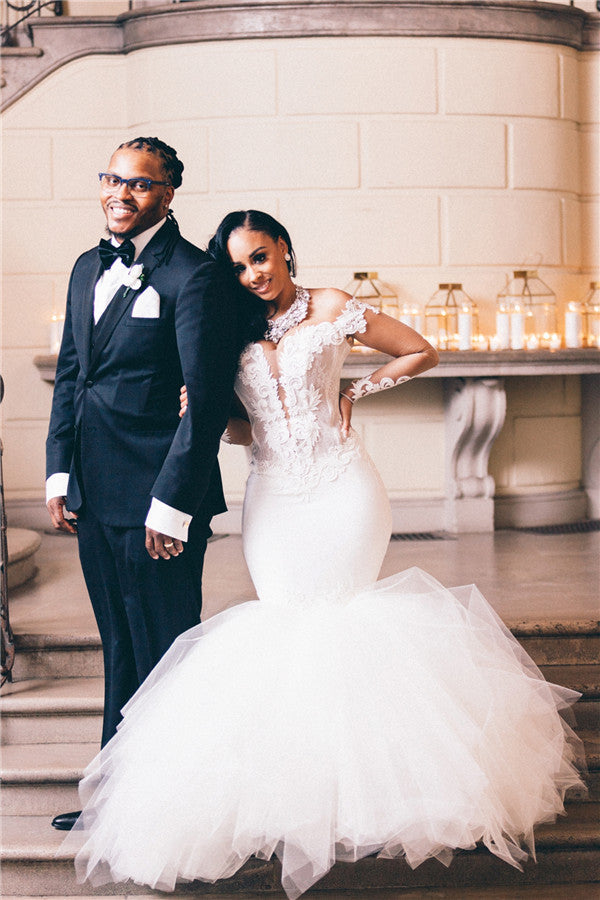 Off The Shoulder Mermaid Wedding Dresses | Lace Appliques Elegant Long Sleeve Bridal Gowns