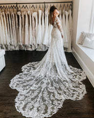 Off The Shoulder Mermaid Wedding Dresses | Open Back Lace Court Train Bridal Gowns