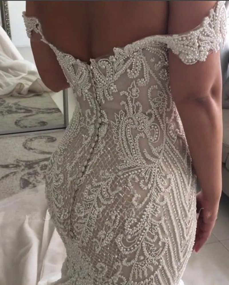 Off The Shoulder Mermaid Wedding Dresses with Full Beads | Open Back Court Train Bridal Dresses Online